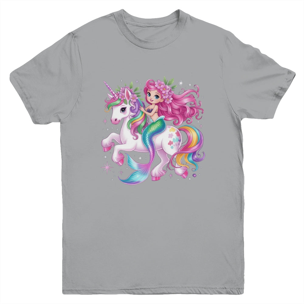 Mermaid Riding A Unicorn Girls Women Kids Adults Rainbow Youth Shirt | siriusteestore