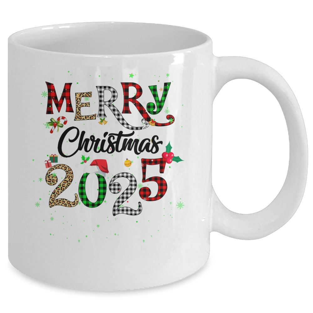 Merry Christmas 2025 Leopard Buffalo Plaid Red Green Xmas Mug | siriusteestore