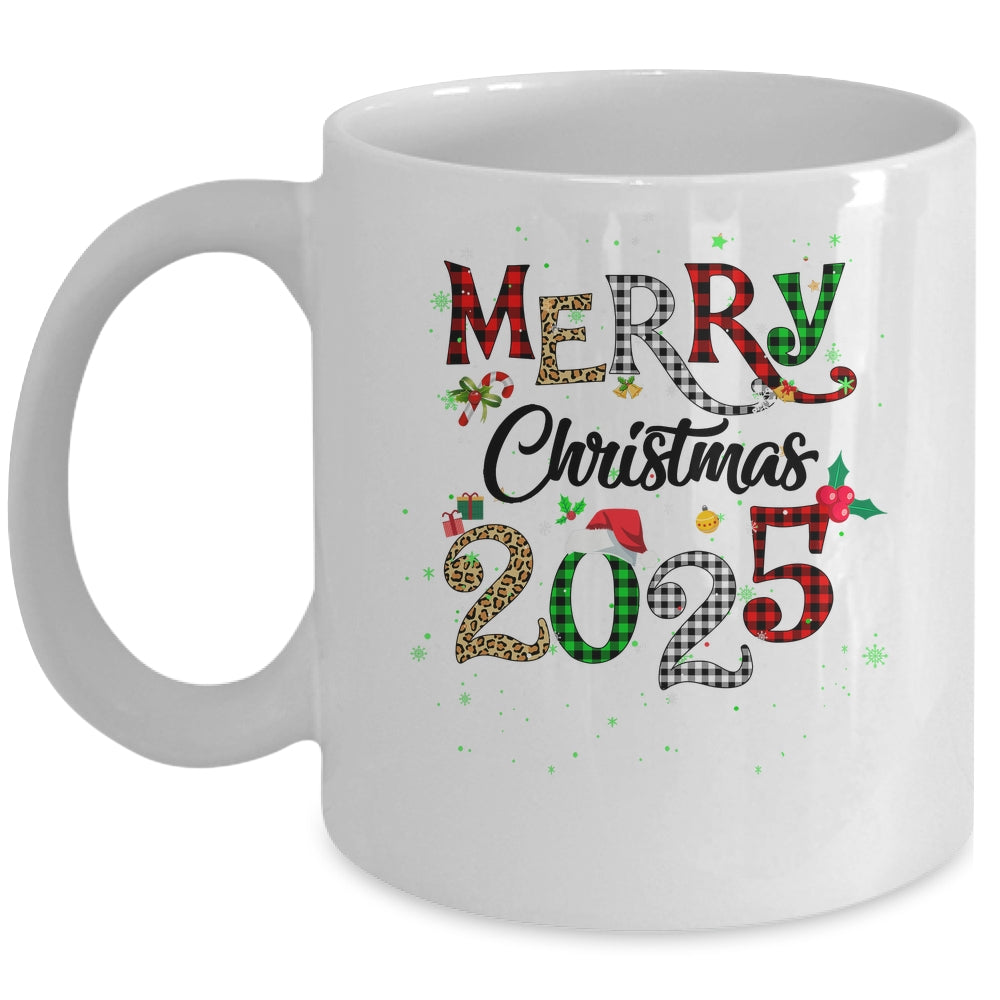 Merry Christmas 2025 Leopard Buffalo Plaid Red Green Xmas Mug | siriusteestore