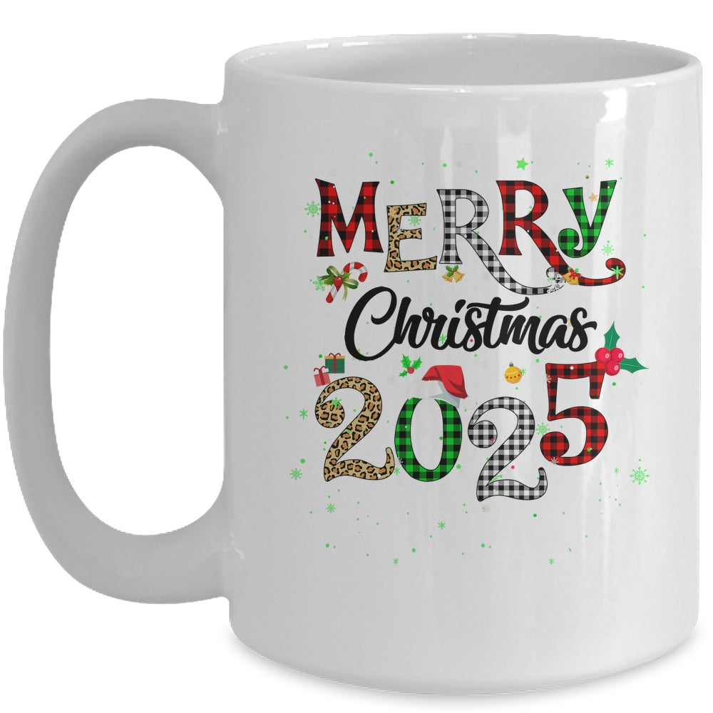 Merry Christmas 2025 Leopard Buffalo Plaid Red Green Xmas Mug | siriusteestore