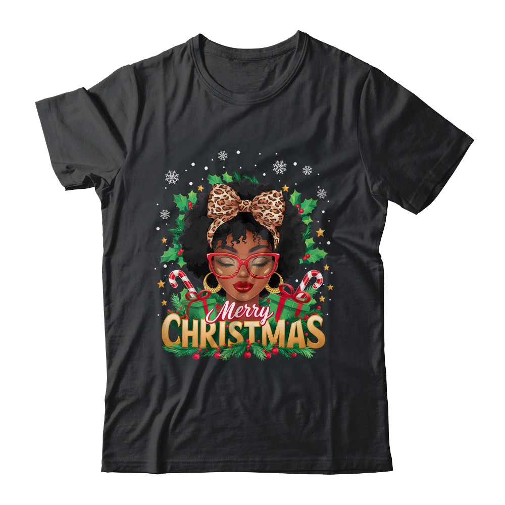 Merry Christmas African American Black Women Afro Messy Bun Shirt & Sweatshirt | siriusteestore