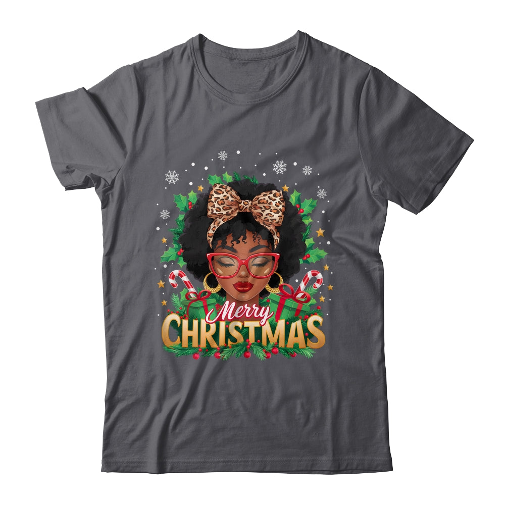 Merry Christmas African American Black Women Afro Messy Bun Shirt & Sweatshirt | siriusteestore