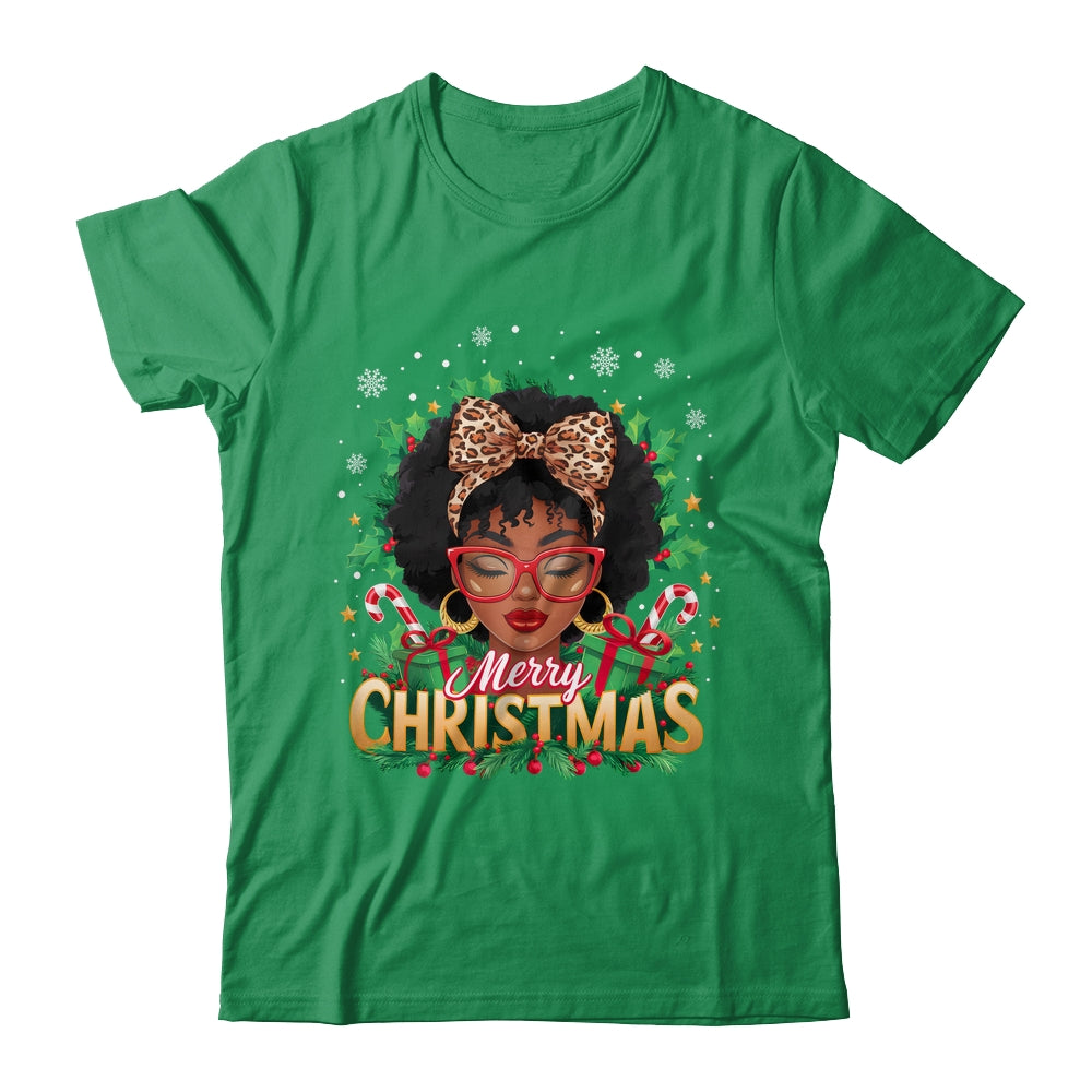 Merry Christmas African American Black Women Afro Messy Bun Shirt & Sweatshirt | siriusteestore