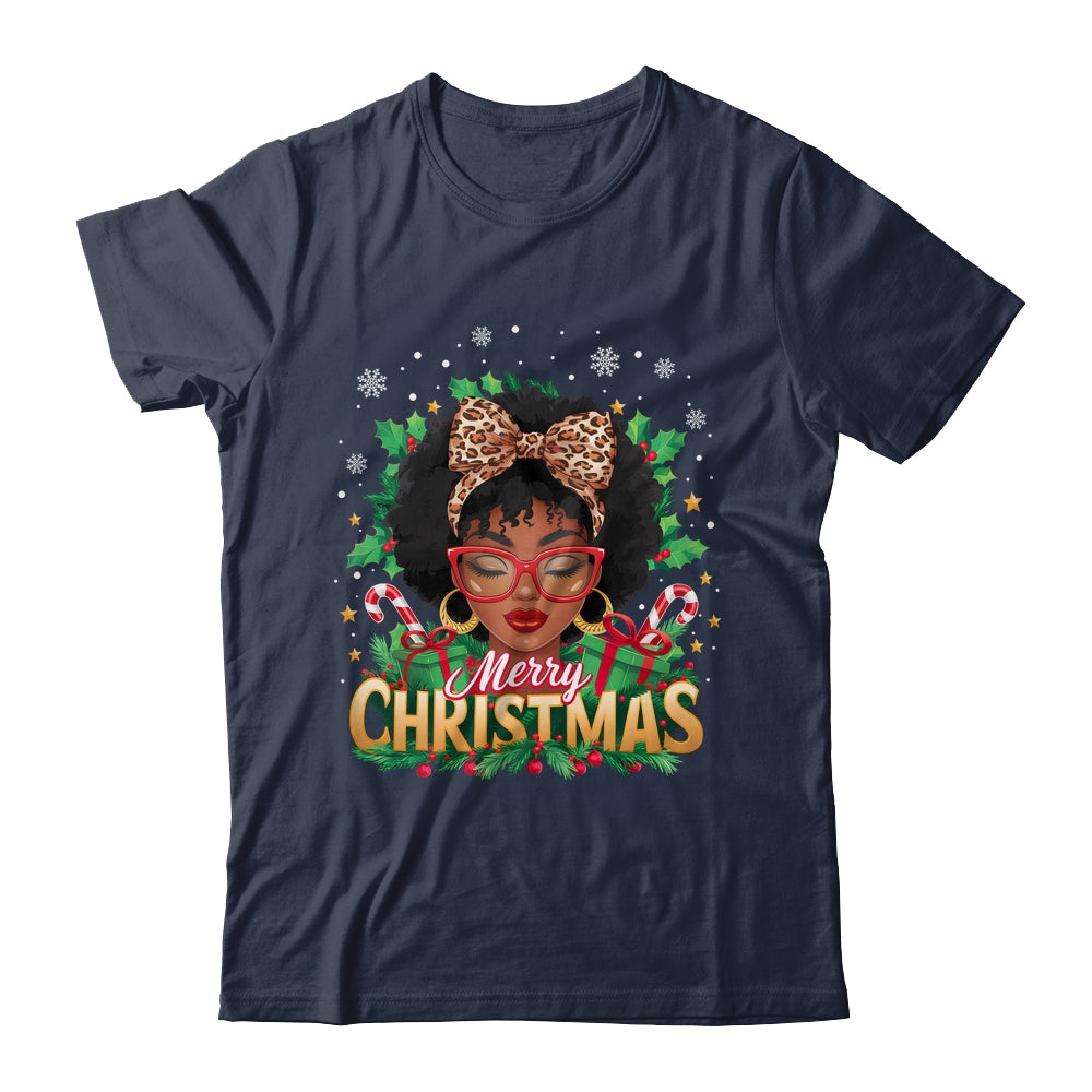 Merry Christmas African American Black Women Afro Messy Bun Shirt & Sweatshirt | siriusteestore
