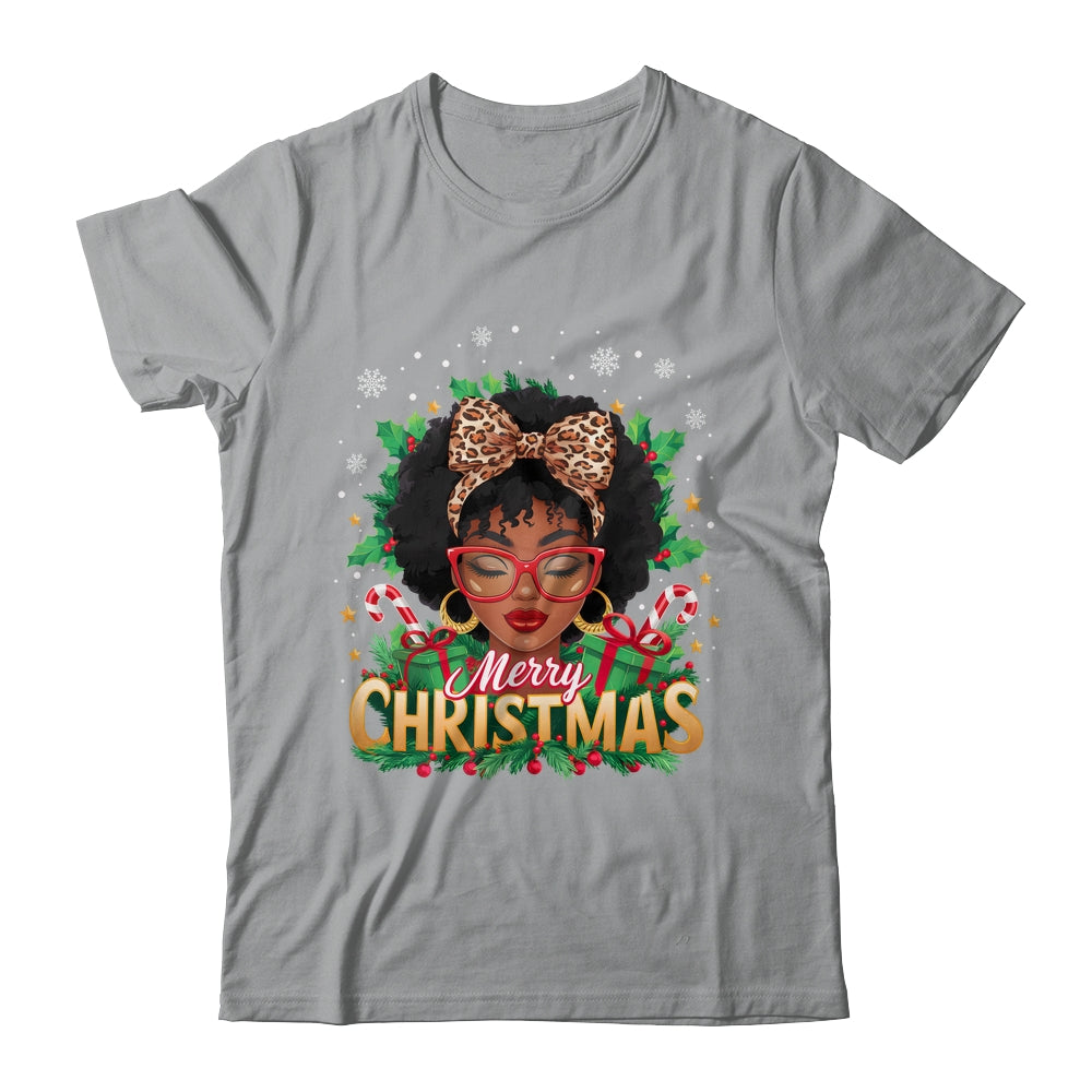 Merry Christmas African American Black Women Afro Messy Bun Shirt & Sweatshirt | siriusteestore