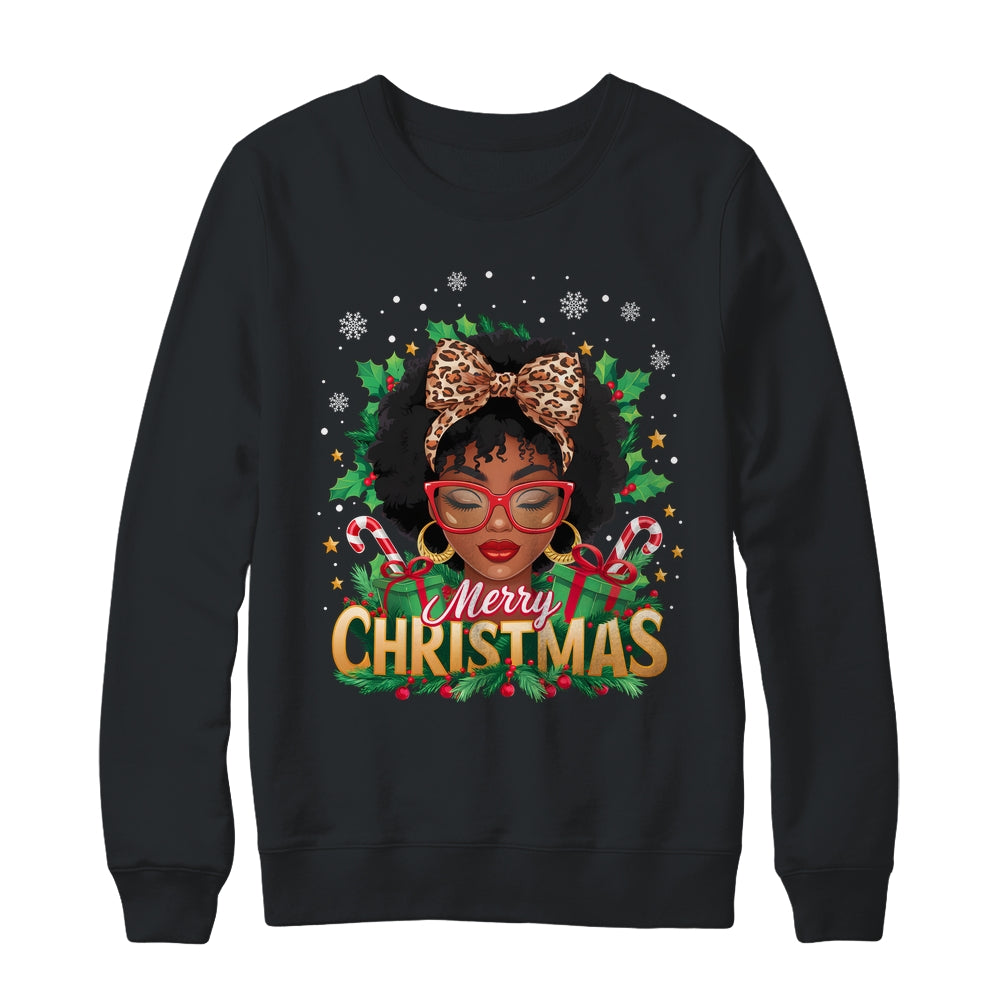 Merry Christmas African American Black Women Afro Messy Bun Shirt & Sweatshirt | siriusteestore