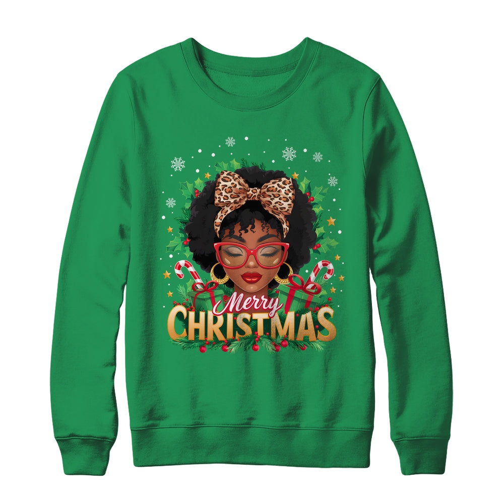 Merry Christmas African American Black Women Afro Messy Bun Shirt & Sweatshirt | siriusteestore