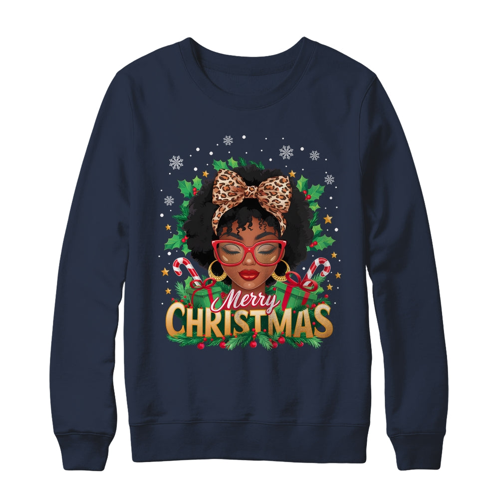 Merry Christmas African American Black Women Afro Messy Bun Shirt & Sweatshirt | siriusteestore
