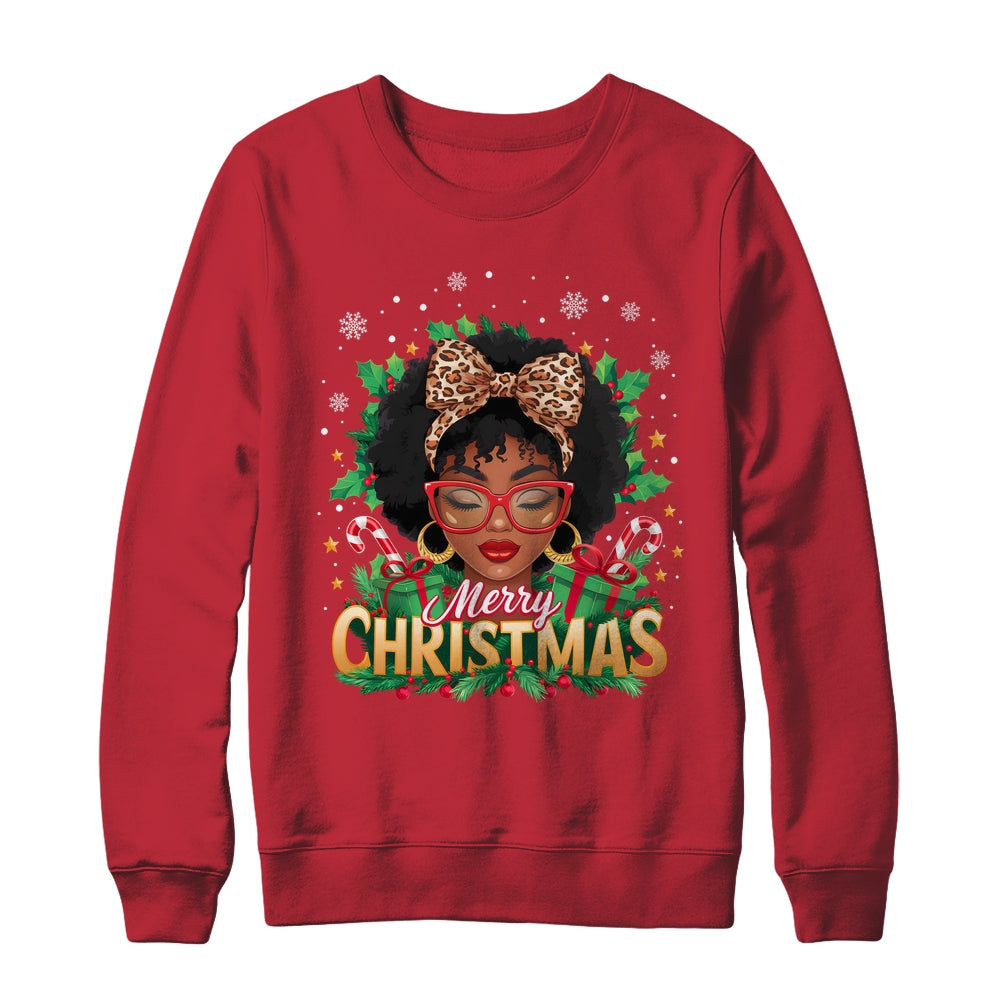 Merry Christmas African American Black Women Afro Messy Bun Shirt & Sweatshirt | siriusteestore