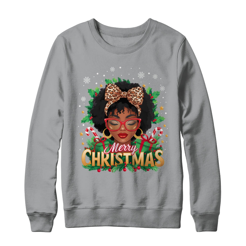 Merry Christmas African American Black Women Afro Messy Bun Shirt & Sweatshirt | siriusteestore