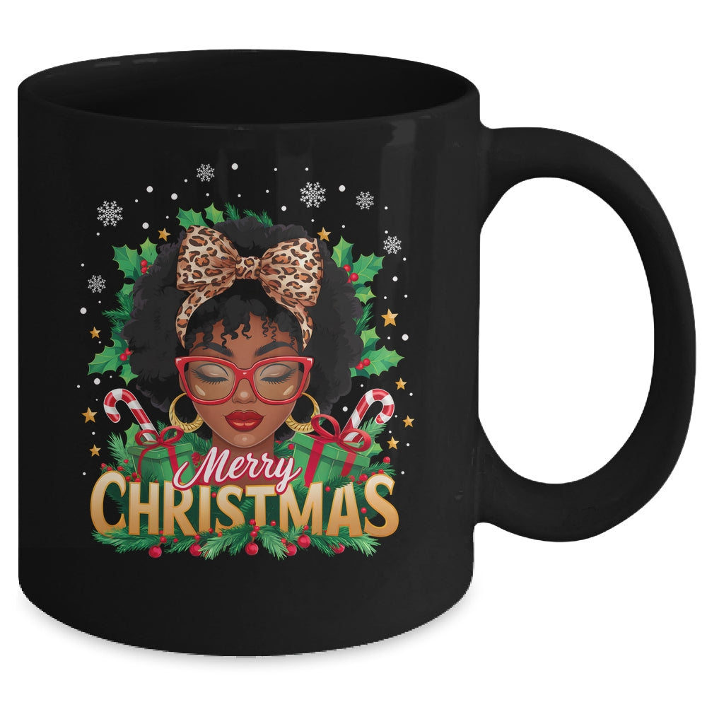 Merry Christmas African American Black Women Afro Messy Bun Mug | siriusteestore