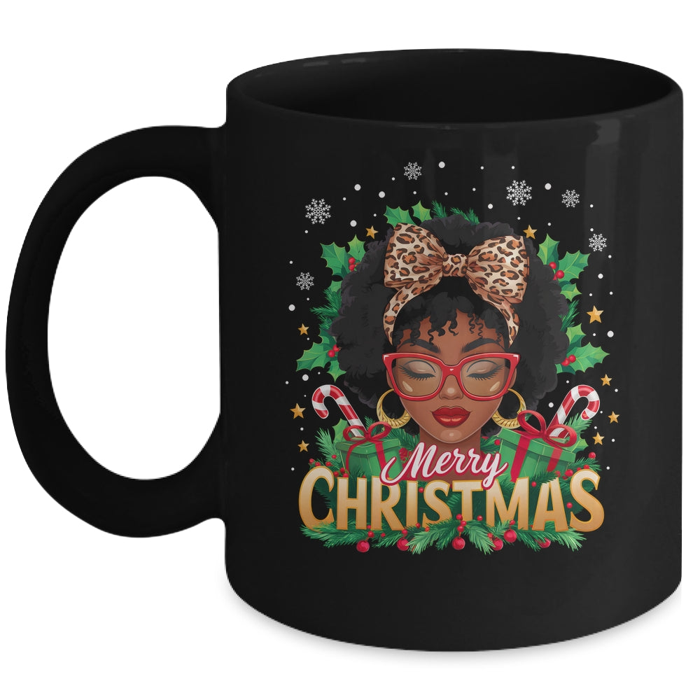 Merry Christmas African American Black Women Afro Messy Bun Mug | siriusteestore