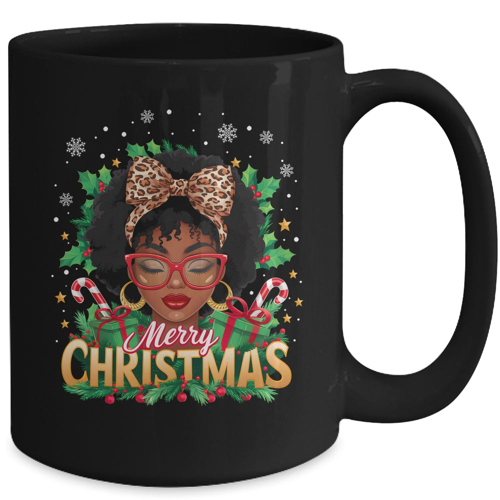 Merry Christmas African American Black Women Afro Messy Bun Mug | siriusteestore