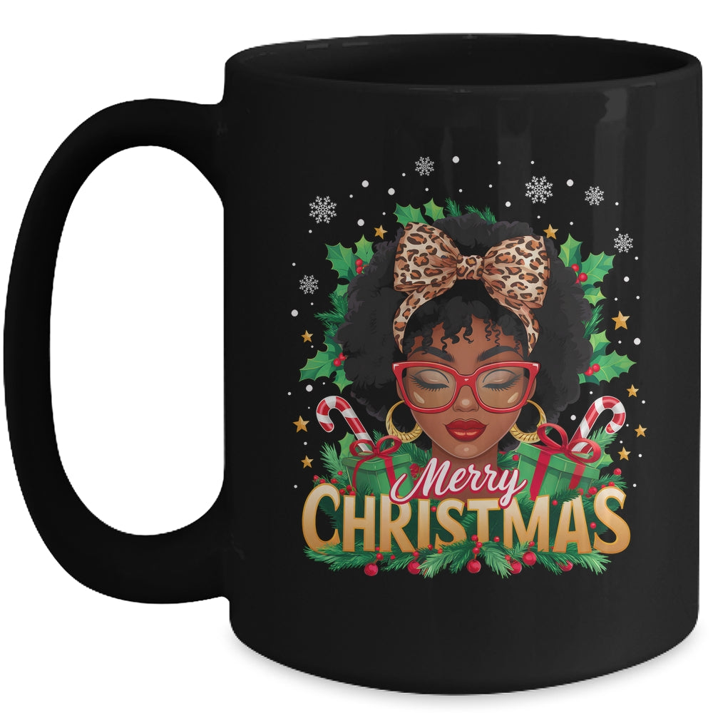 Merry Christmas African American Black Women Afro Messy Bun Mug | siriusteestore