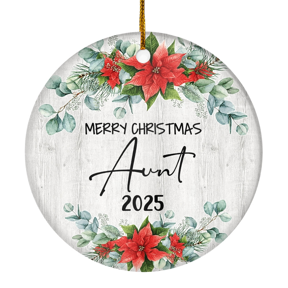 Merry Christmas Aunt 2024 Ornament New Aunt Farmhouse Rustic Gray Wood Deep Red Poinsettia Flower Decoration Christmas Tree Ornament | siriusteestore