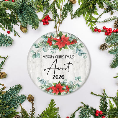 Merry Christmas Aunt 2025 Ornament New Aunt Farmhouse Rustic Gray Wood Deep Red Poinsettia Flower Decoration Christmas Tree Ornament | siriusteestore