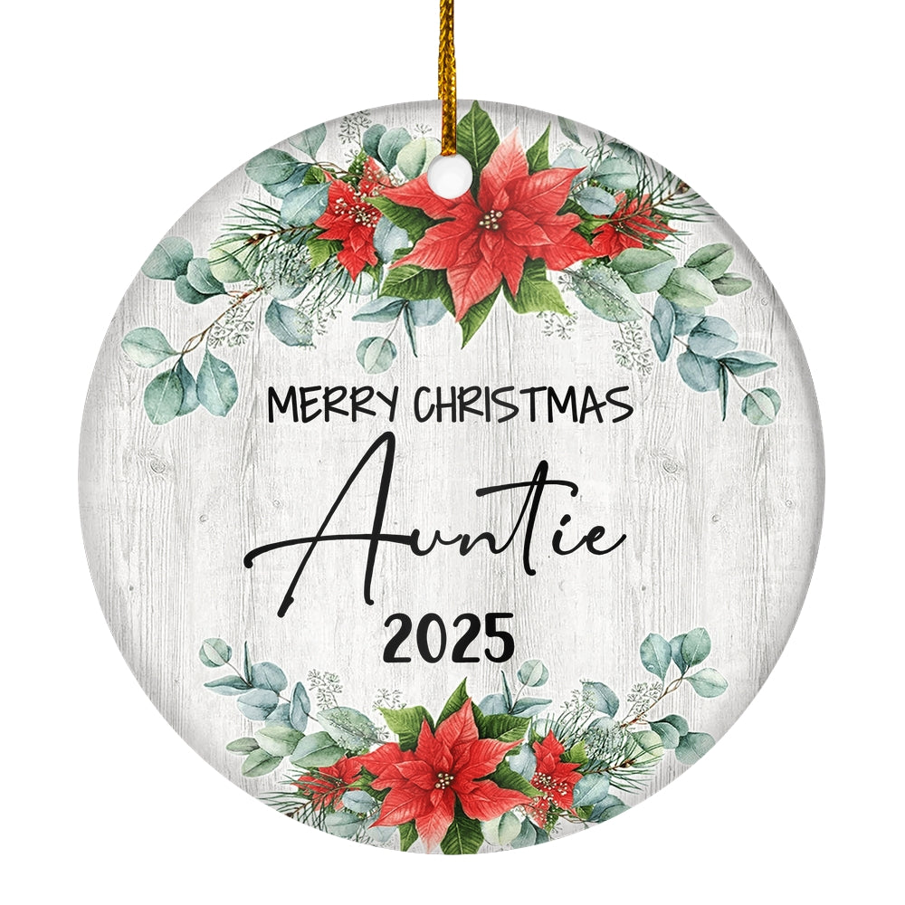 Merry Christmas Auntie 2024 Ornament New Auntie Farmhouse Rustic Gray Wood Deep Red Poinsettia Flower Decoration Christmas Tree Ornament | siriusteestore