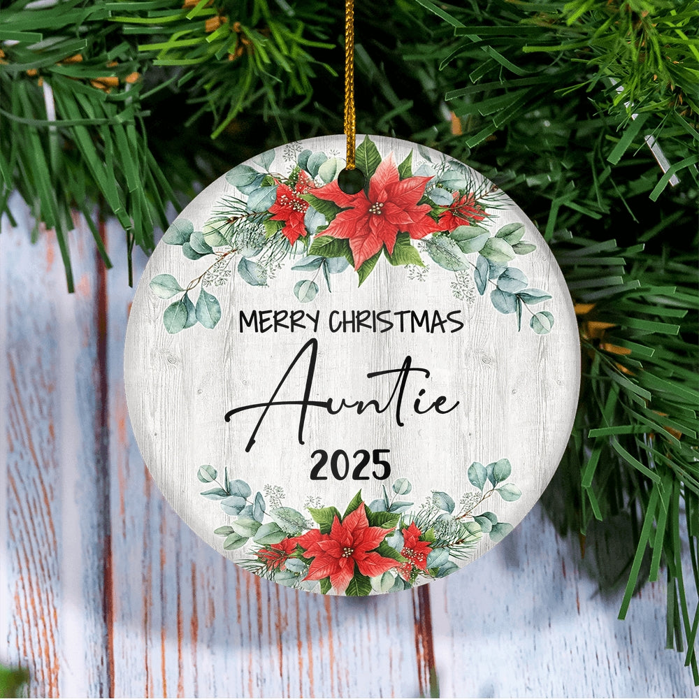 Merry Christmas Auntie 2024 Ornament New Auntie Farmhouse Rustic Gray Wood Deep Red Poinsettia Flower Decoration Christmas Tree Ornament | siriusteestore