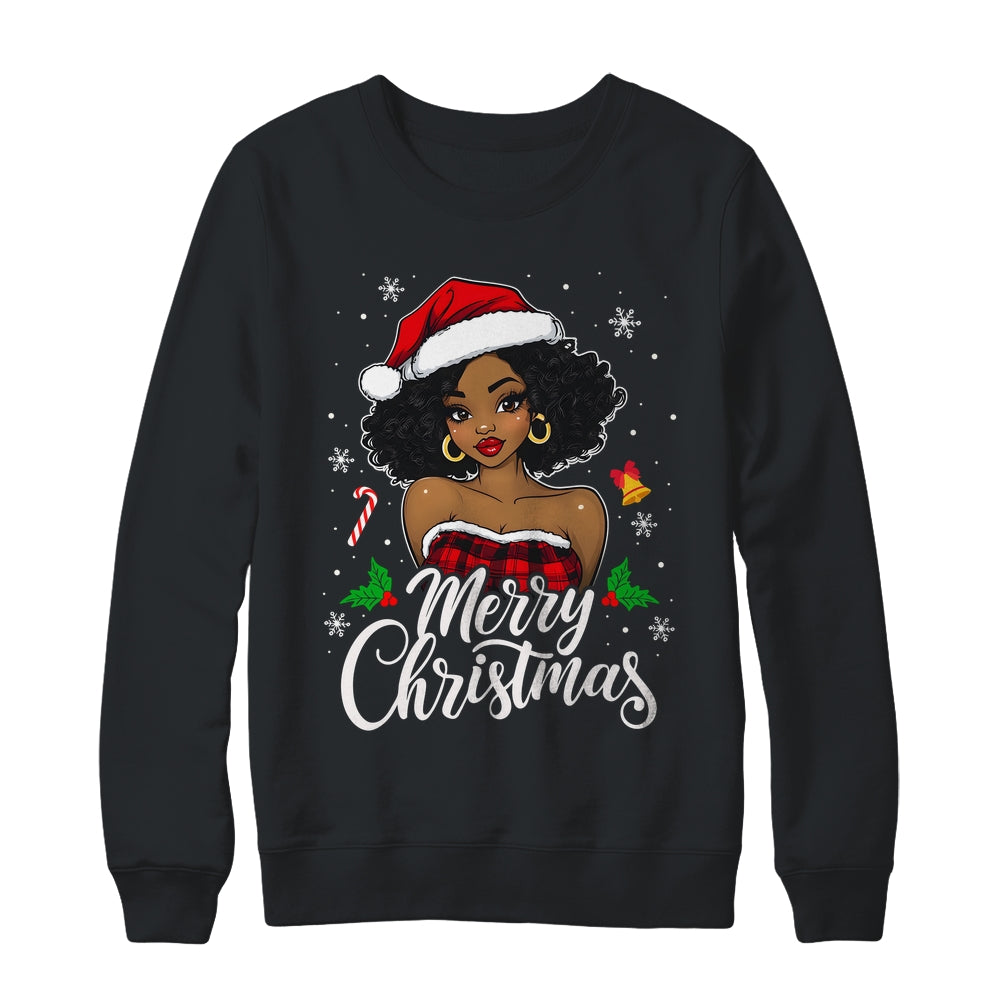 Merry Christmas Black Women African Girl Santa Hat Xmas Shirt & Sweatshirt | siriusteestore