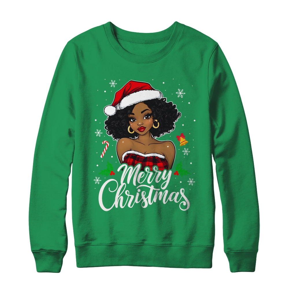 Merry Christmas Black Women African Girl Santa Hat Xmas Shirt & Sweatshirt | siriusteestore