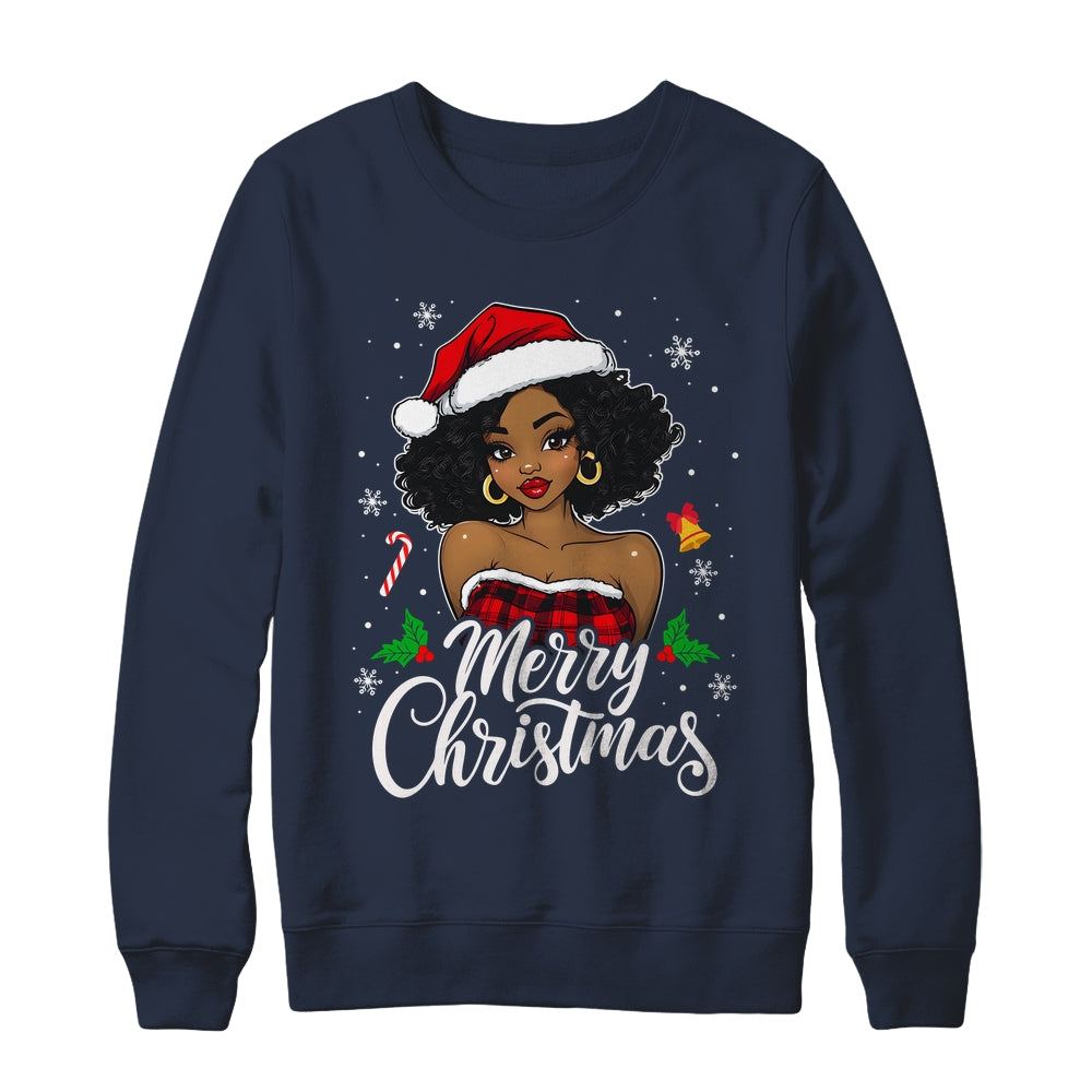 Merry Christmas Black Women African Girl Santa Hat Xmas Shirt & Sweatshirt | siriusteestore