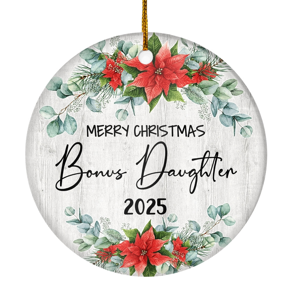 Merry Christmas Bonus Daughter 2024 Ornament New Stepdaughter Farmhouse Rustic Gray Wood Deep Red Poinsettia Flower Decoration Christmas Tree Ornament | siriusteestore