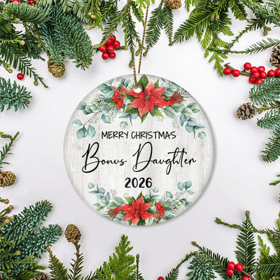Merry Christmas Bonus Daughter 2025 Ornament New Stepdaughter Farmhouse Rustic Gray Wood Deep Red Poinsettia Flower Decoration Christmas Tree Ornament | siriusteestore
