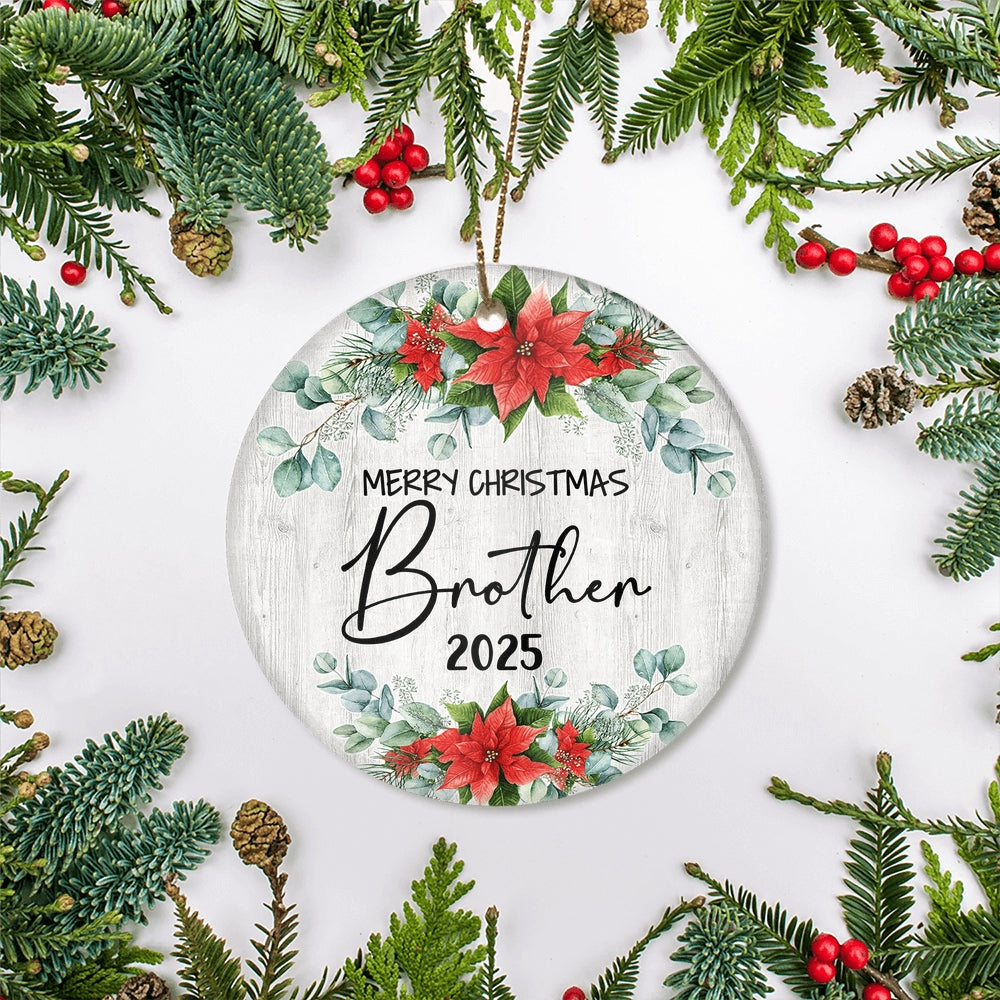 Merry Christmas Brother 2024 Ornament New Brother Farmhouse Rustic Gray Wood Deep Red Poinsettia Flower Decoration Christmas Tree Ornament | siriusteestore