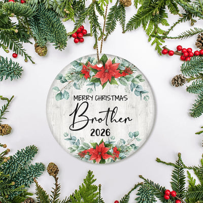 Merry Christmas Brother 2025 Ornament New Brother Farmhouse Rustic Gray Wood Deep Red Poinsettia Flower Decoration Christmas Tree Ornament | siriusteestore
