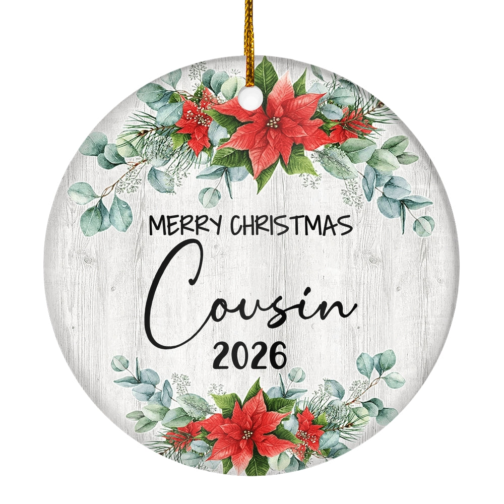 Merry Christmas Cousin 2025 Ornament New Cousin Farmhouse Rustic Gray Wood Deep Red Poinsettia Flower Decoration Christmas Tree Ornament | siriusteestore