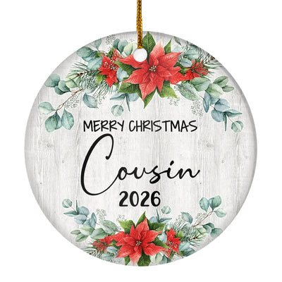 Merry Christmas Cousin 2025 Ornament New Cousin Farmhouse Rustic Gray Wood Deep Red Poinsettia Flower Decoration Christmas Tree Ornament | siriusteestore