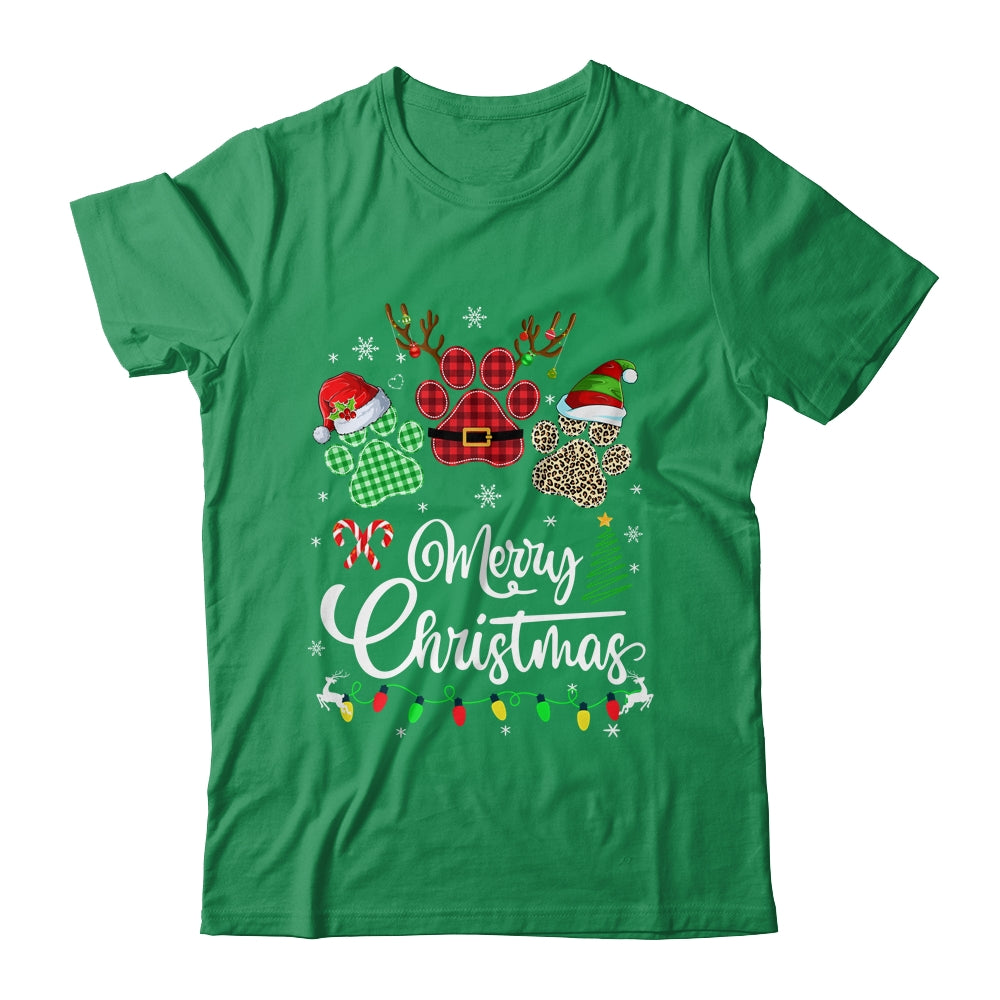 Merry Christmas Dog Paws Lights Buffalo Plaid Leopard Xmas Shirt & Sweatshirt | siriusteestore