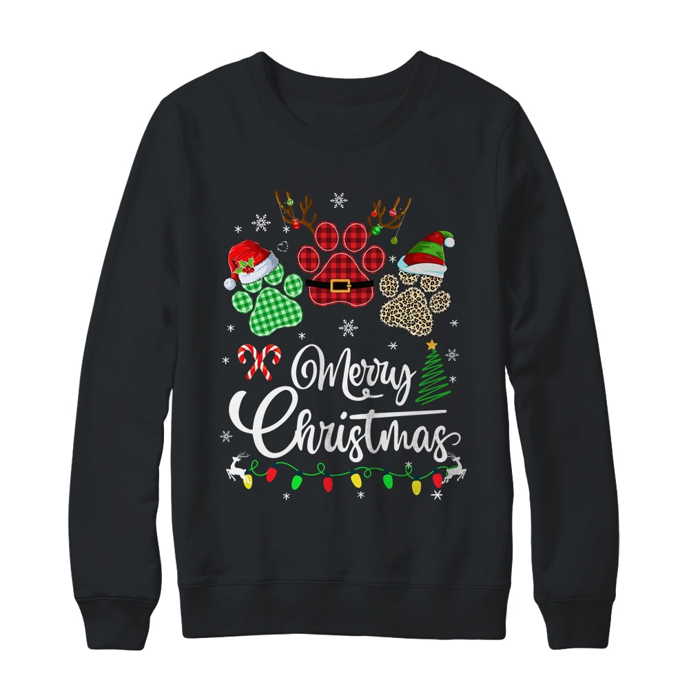 Merry Christmas Dog Paws Lights Buffalo Plaid Leopard Xmas Shirt & Sweatshirt | siriusteestore