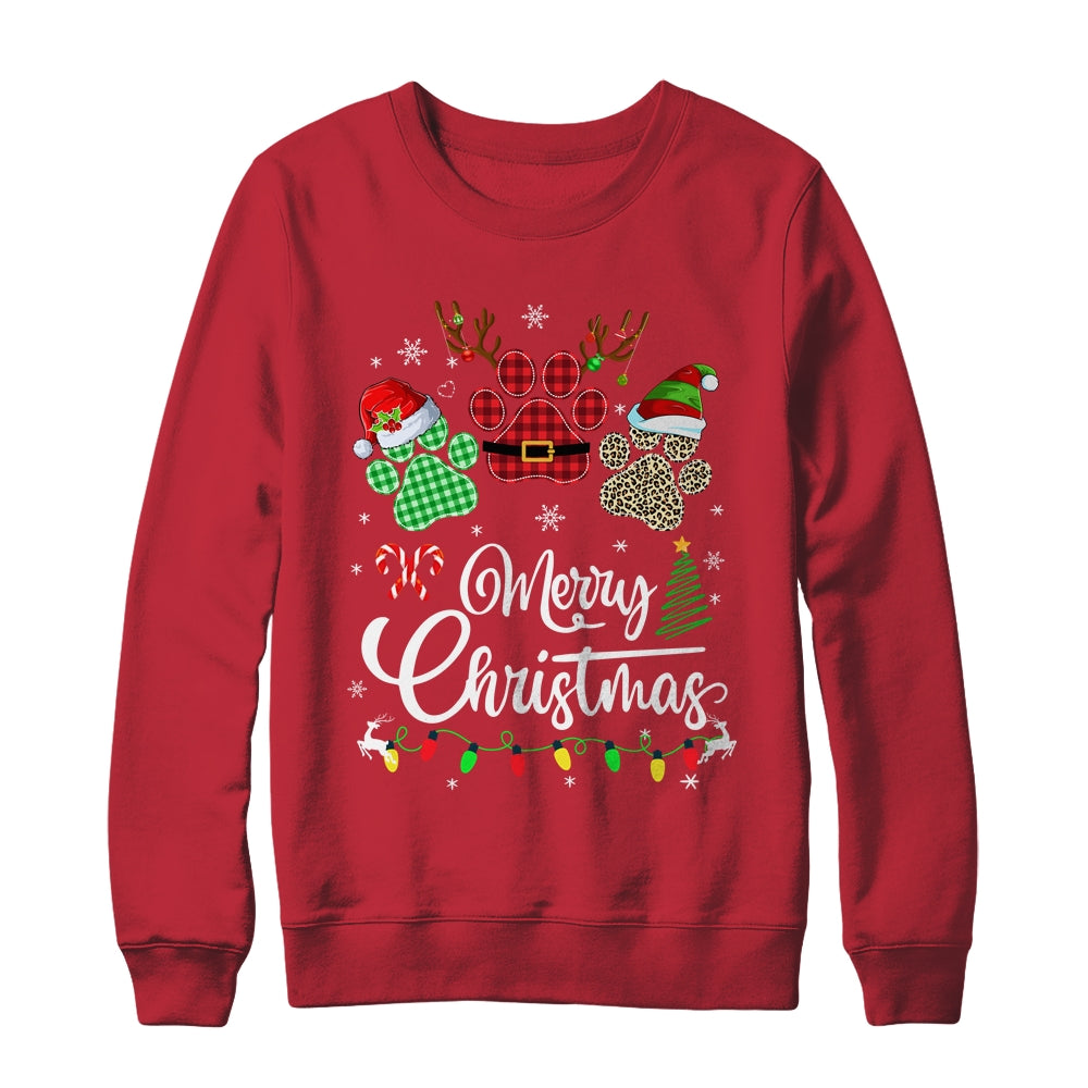 Merry Christmas Dog Paws Lights Buffalo Plaid Leopard Xmas Shirt & Sweatshirt | siriusteestore