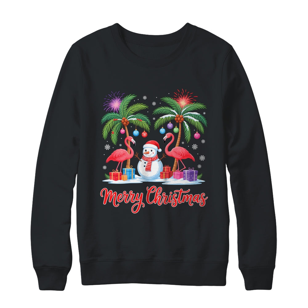 Merry Christmas Flamingo Xmas Palm Tree Light Tropical Shirt & Sweatshirt | siriusteestore