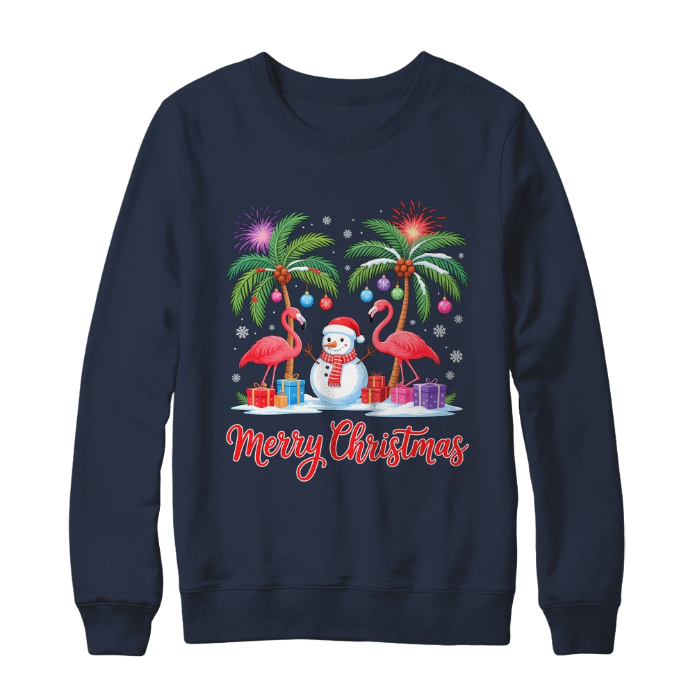 Merry Christmas Flamingo Xmas Palm Tree Light Tropical Shirt & Sweatshirt | siriusteestore