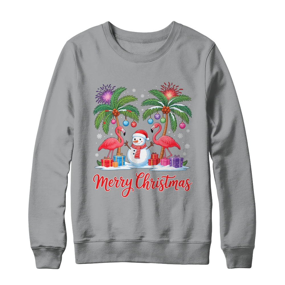 Merry Christmas Flamingo Xmas Palm Tree Light Tropical Shirt & Sweatshirt | siriusteestore