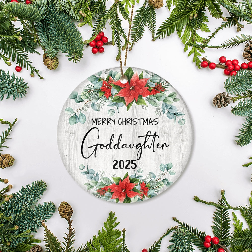 Merry Christmas Goddaughter 2024 Ornament New Goddaughter Farmhouse Rustic Gray Wood Deep Red Poinsettia Flower Decoration Christmas Tree Ornament | siriusteestore