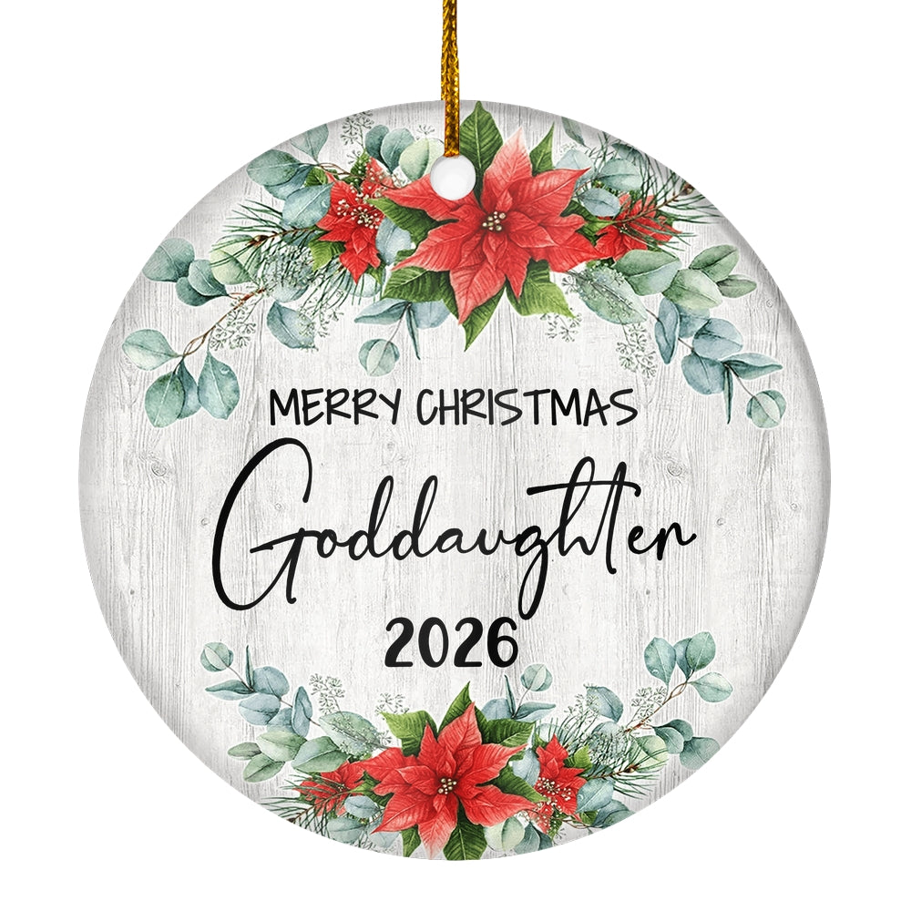Merry Christmas Goddaughter 2025 Ornament New Goddaughter Farmhouse Rustic Gray Wood Deep Red Poinsettia Flower Decoration Christmas Tree Ornament | siriusteestore