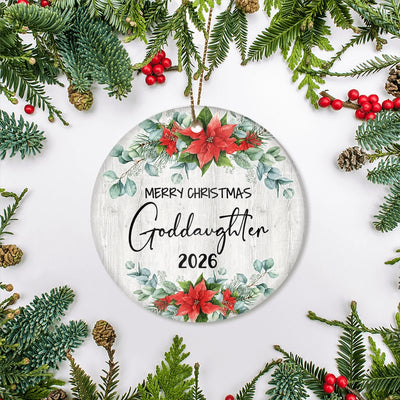Merry Christmas Goddaughter 2025 Ornament New Goddaughter Farmhouse Rustic Gray Wood Deep Red Poinsettia Flower Decoration Christmas Tree Ornament | siriusteestore