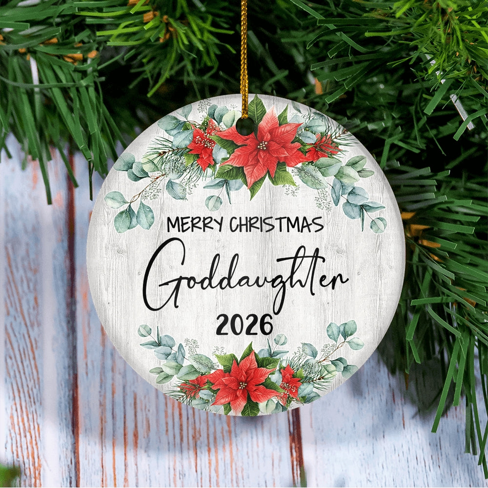 Merry Christmas Goddaughter 2025 Ornament New Goddaughter Farmhouse Rustic Gray Wood Deep Red Poinsettia Flower Decoration Christmas Tree Ornament | siriusteestore