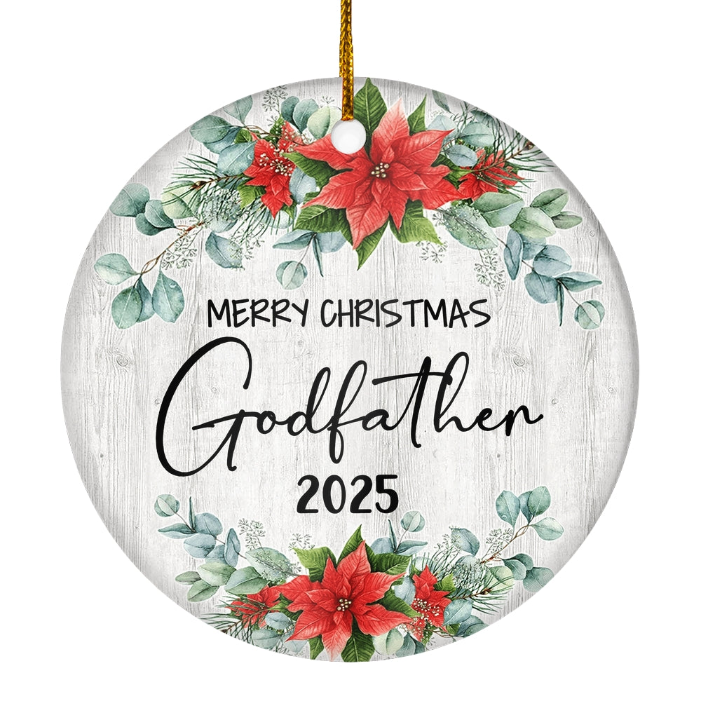 Merry Christmas Godfather 2024 Ornament New Godfather Farmhouse Rustic Gray Wood Deep Red Poinsettia Flower Decoration Christmas Tree Ornament | siriusteestore