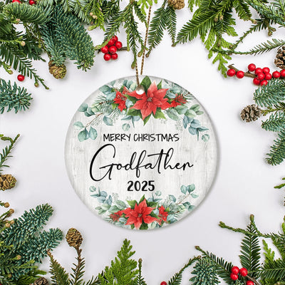 Merry Christmas Godfather 2024 Ornament New Godfather Farmhouse Rustic Gray Wood Deep Red Poinsettia Flower Decoration Christmas Tree Ornament | siriusteestore