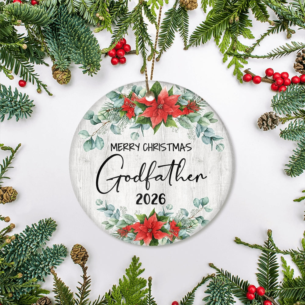 Merry Christmas Godfather 2025 Ornament New Godfather Farmhouse Rustic Gray Wood Deep Red Poinsettia Flower Decoration Christmas Tree Ornament | siriusteestore