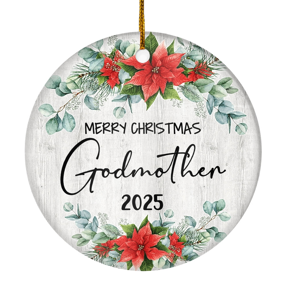 Merry Christmas Godmother 2024 Ornament New Godmother Farmhouse Rustic Gray Wood Deep Red Poinsettia Flower Decoration Christmas Tree Ornament | siriusteestore