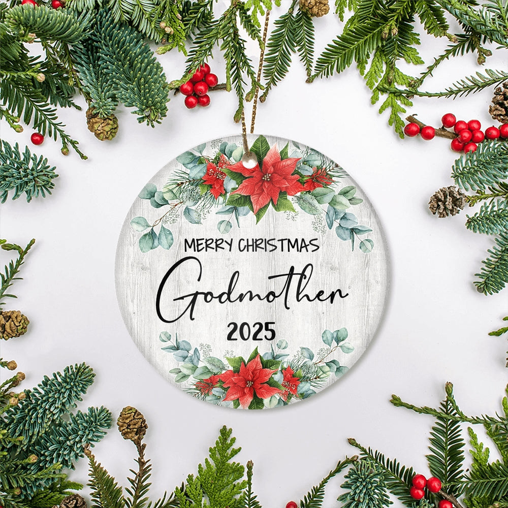 Merry Christmas Godmother 2024 Ornament New Godmother Farmhouse Rustic Gray Wood Deep Red Poinsettia Flower Decoration Christmas Tree Ornament | siriusteestore