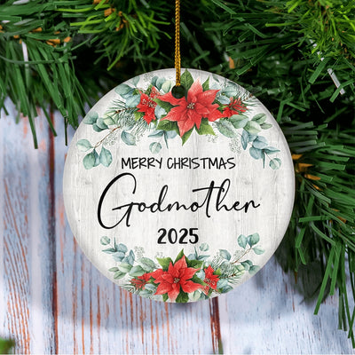 Merry Christmas Godmother 2024 Ornament New Godmother Farmhouse Rustic Gray Wood Deep Red Poinsettia Flower Decoration Christmas Tree Ornament | siriusteestore