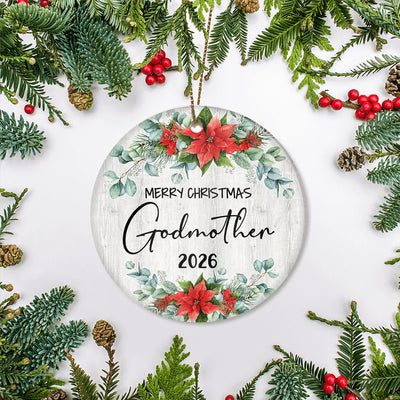 Merry Christmas Godmother 2025 Ornament New Godmother Farmhouse Rustic Gray Wood Deep Red Poinsettia Flower Decoration Christmas Tree Ornament | siriusteestore