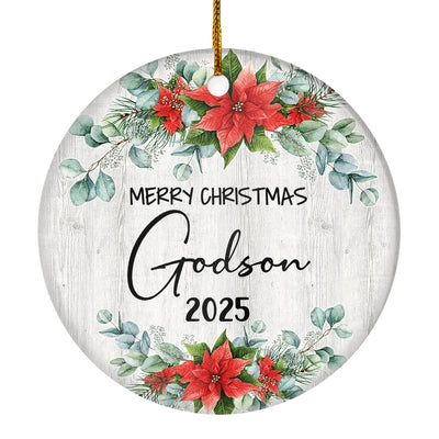 Merry Christmas Godson 2024 Ornament New Godson Farmhouse Rustic Gray Wood Deep Red Poinsettia Flower Decoration Christmas Tree Ornament | siriusteestore