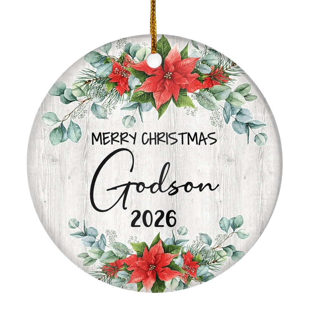 Merry Christmas Godson 2025 Ornament New Godson Farmhouse Rustic Gray Wood Deep Red Poinsettia Flower Decoration Christmas Tree Ornament | siriusteestore